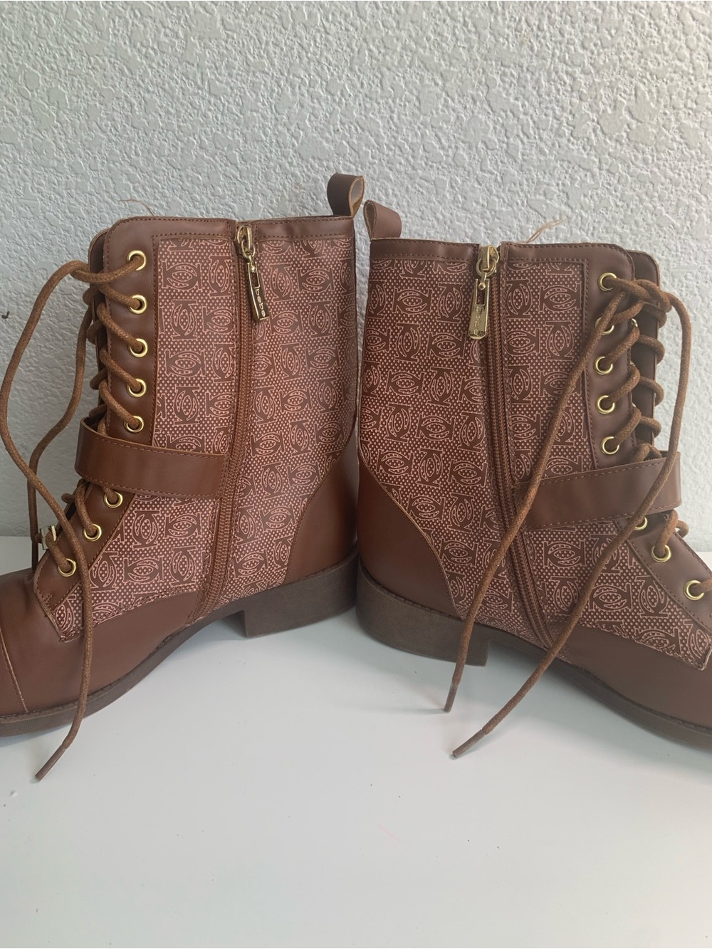 bebe Brown Lace-Up Ankle Boots with Patterned Panels